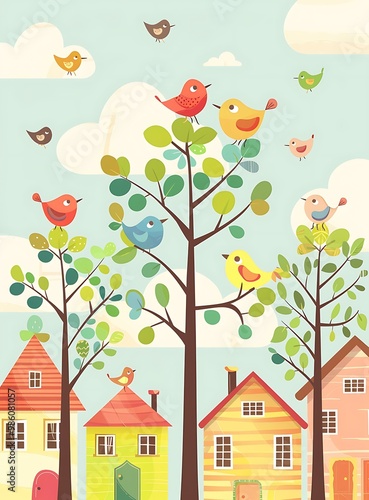 Colorful Birds on Trees in Front of Houses Illustration