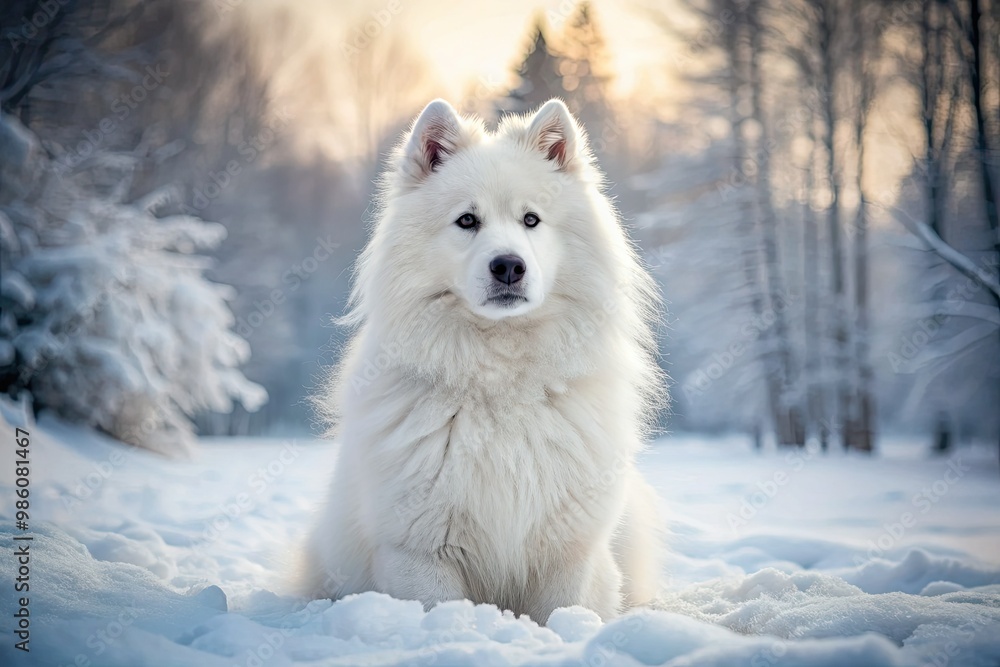 A snowy landscape serves as the backdrop for this lively Samoyed, its white fur blending seamlessly with the surrounding snowbanks as it scans for hidden treasures. A snowy landscape serves as the backdrop for this lively Samoyed, its white fur blending seamlessly with the surrounding snowbanks as it scans for hidden treasures.