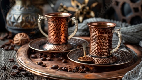 Vintage Hammered Copper Mugs with Artisanal Coffee or Tea Drink on Rustic Wooden Table