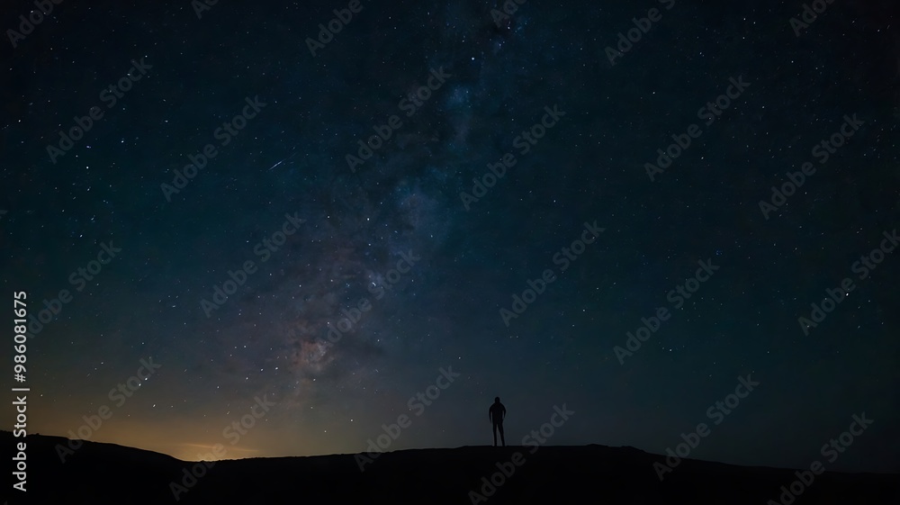 A starry night sky with a silhouette of a person gazin A starry night sky with a silhouette of a person gazin