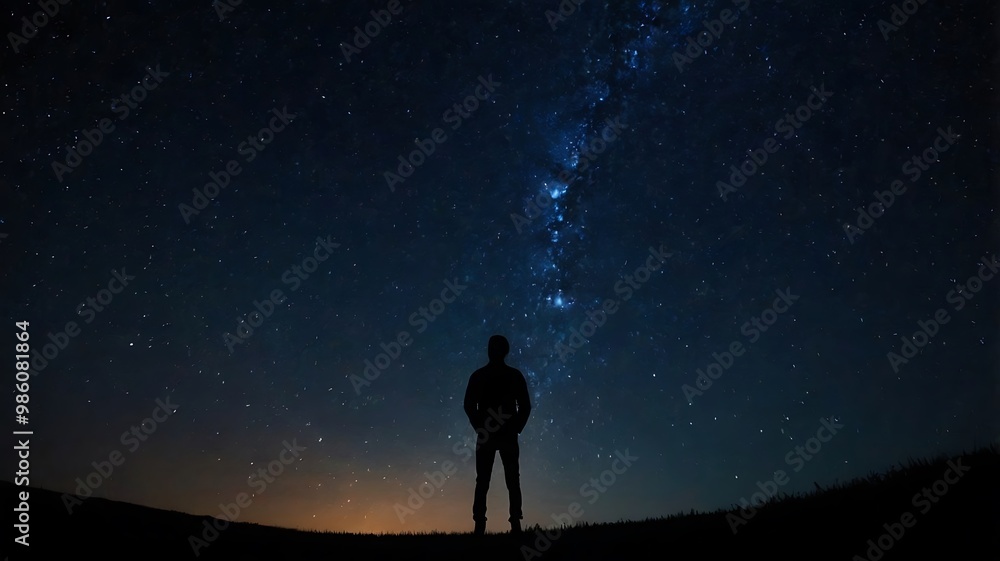 A starry night sky with a silhouette of a person gazin A starry night sky with a silhouette of a person gazin