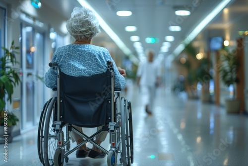 Senior in wheelchair hospital hallway scene