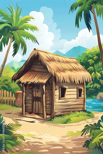 Wooden House with Palm Trees in Tropical Landscape Illustration