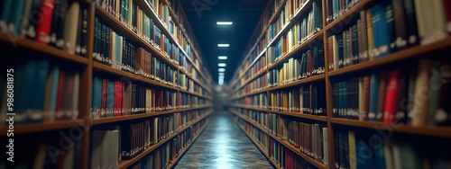 A wide view of rows and rows of books in the library, low-angle shot, depth of field, close-up, cinematic