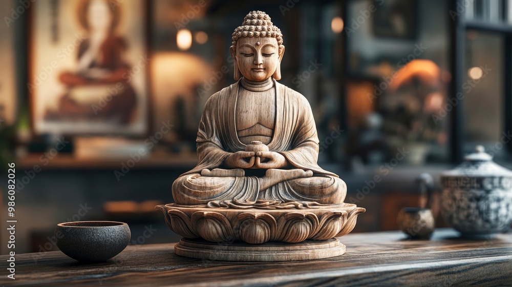 A traditional Buddha statue made of carved wood, displayed on a rustic wooden table with a backdrop of traditional Asian art. The warm, ambient light from a nearby lamp highlights the fine details of A traditional Buddha statue made of carved wood, displayed on a rustic wooden table with a backdrop of traditional Asian art. The warm, ambient light from a nearby lamp highlights the fine details of