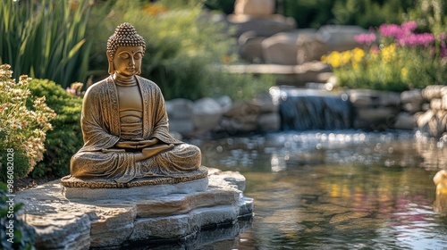 A golden Buddha figure seated in a tranquil garden with a backdrop of flowering plants and gently flowing water. The statueâ€™s reflective surface catches the sunlight, creating a warm, inviting glow. photo