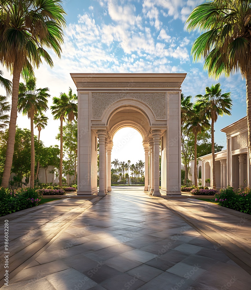 Fototapeta premium Stone Archway Entrance with Palm Trees and Sunny Sky