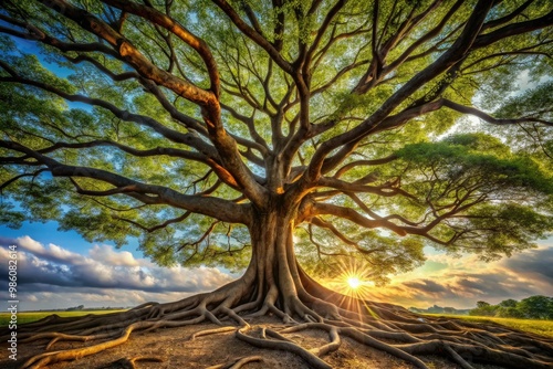 A sturdy tree rises high, its robust roots grasping the soil and expansive branches reaching for the heavens, representing vitality, fortitude, and interconnectedness.