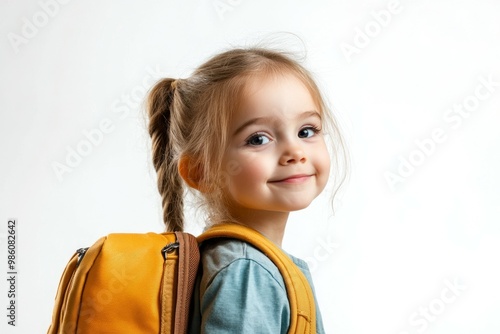 4 year old girl with backpack on white background. 