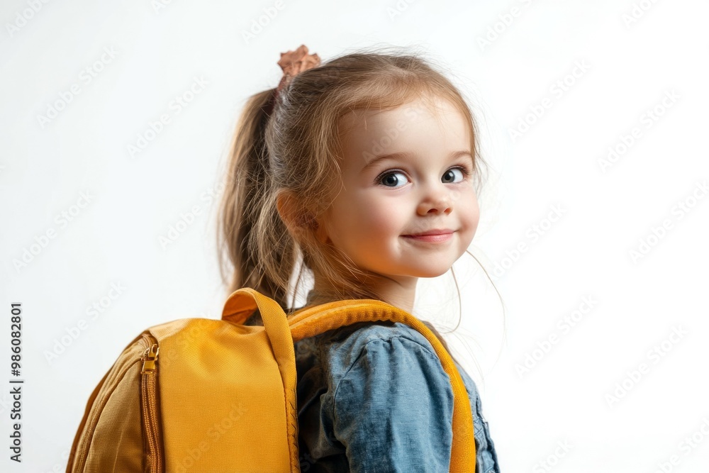 4 year old girl with backpack on white background. 4 year old girl with backpack on white background.