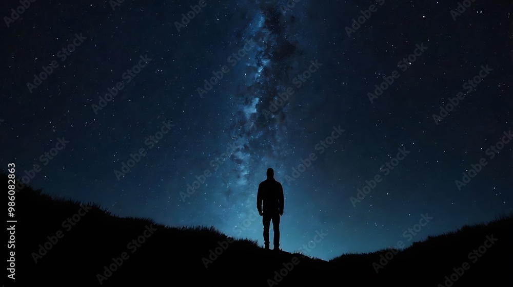 A starry night sky with a silhouette of a person gazin A starry night sky with a silhouette of a person gazin