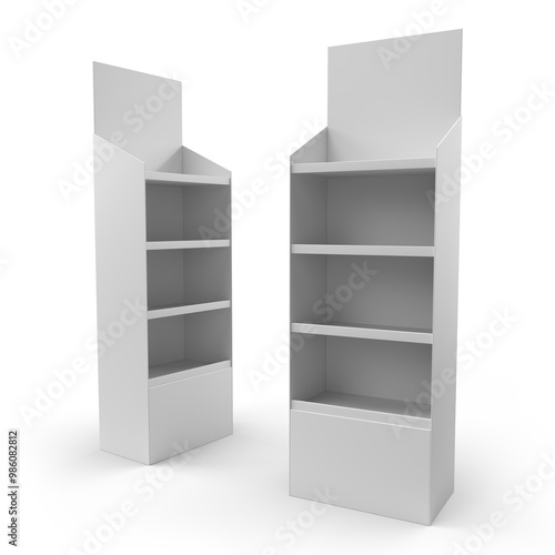 Supermarket Promotional Display Rack With Header, Four Tier Empty Product Display, PDQ Display Box With Two Different View, Floor Stand Display. 3D Render Illustration.