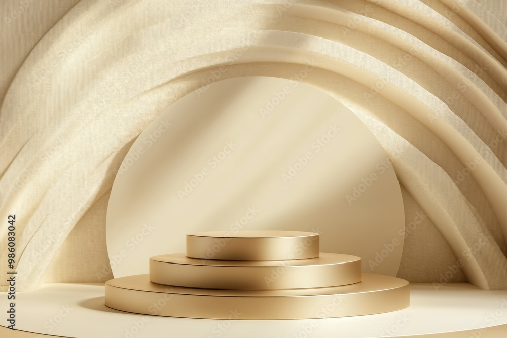 Obraz premium podium with a matte metallic gold finish, set against a cream-colored background. 