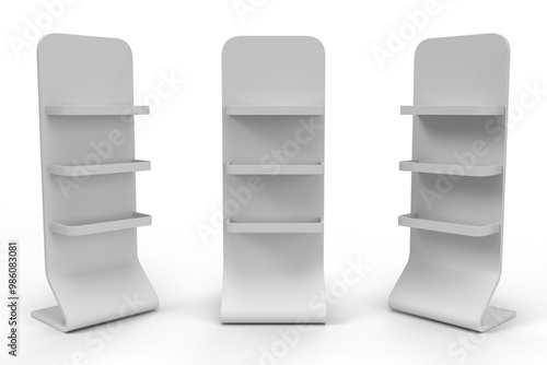 Supermarket Promotional Display Rack With Header, Three Tier Empty Product Display, PDQ Display Box With Three Different View, Floor Stand Display. 3D Rendered.