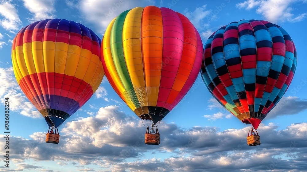 Fototapeta premium Three vibrant hot air balloons ascend against a backdrop of fluffy white clouds, their colorful patterns reflecting the clear blue sky