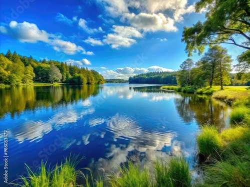 A tranquil lake's calm waters reflect the brilliant blue sky, as sun-kissed grassy banks meet lush trees in the distance, bringing peace to the scene.