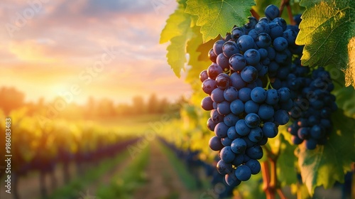 Vibrant grapes hanging on vines during a sunset in a vineyard.