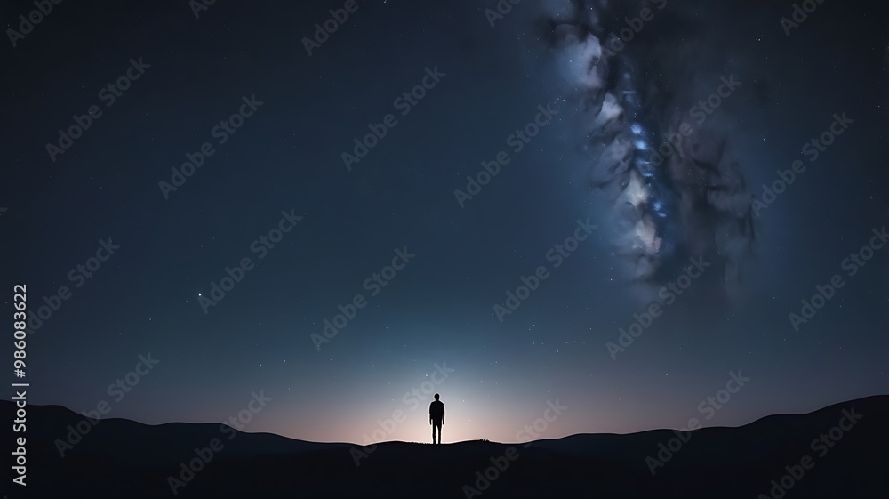 Fototapeta premium A starry night sky with a silhouette of a person gazin