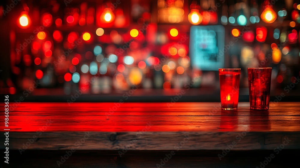 Two glasses of red liquid on a rustic wooden bar counter bathed in warm red light from the blurred background Two glasses of red liquid on a rustic wooden bar counter bathed in warm red light from the blurred background