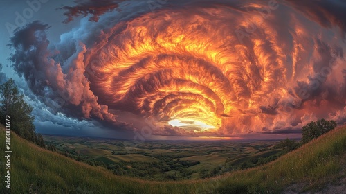 Panoramic Photograph of Stormy Sky Over Rolling Hills with Swirling Clouds in Sunset Colors – Dramatic and Scenic Nature Landscape

 photo