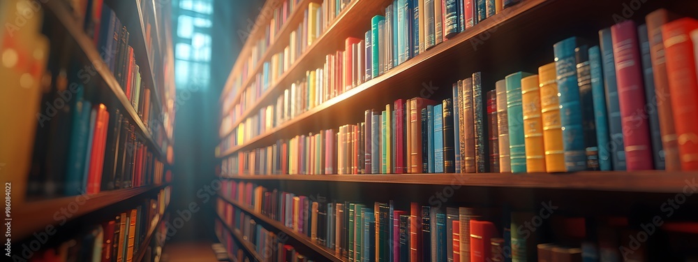 A wide view of rows and rows of books in the library, low-angle shot, depth of field, close-up, cinematic A wide view of rows and rows of books in the library, low-angle shot, depth of field, close-up, cinematic