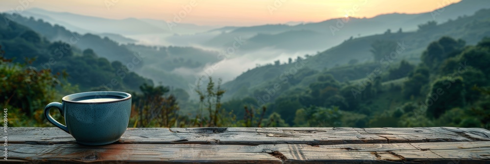 Peaceful coffee scene overlooking misty mountains, wooden table Peaceful coffee scene overlooking misty mountains, wooden table