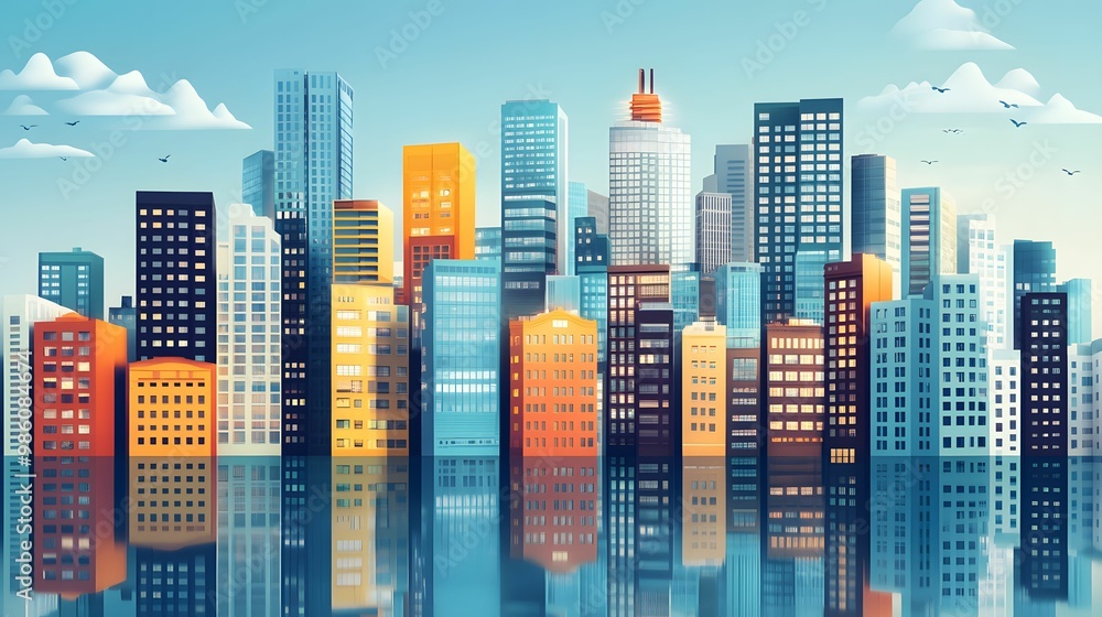 Obraz premium A vibrant city skyline featuring colorful buildings reflected on calm water, symbolizing urban life, architecture, and modern cityscapes.