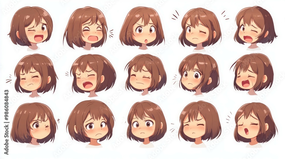 different angles and emotional expressions of a cute female character, perfect for chat stickers. The isolated white background different angles and emotional expressions of a cute female character, perfect for chat stickers. The isolated white background