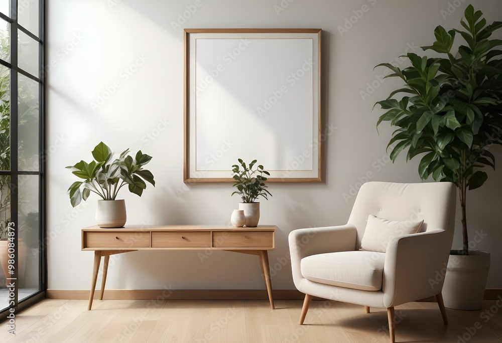Fototapeta premium A modern living room with a large empty frame on the wall, a wooden console table, a beige armchair, and a potted plant.