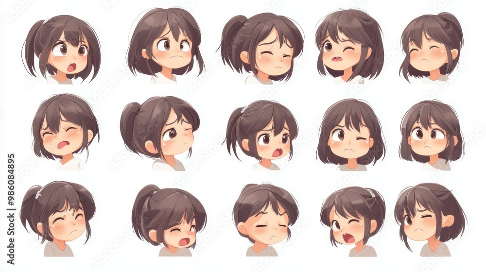 different angles and emotional expressions of a cute female character, perfect for chat stickers. The isolated white background different angles and emotional expressions of a cute female character, perfect for chat stickers. The isolated white background