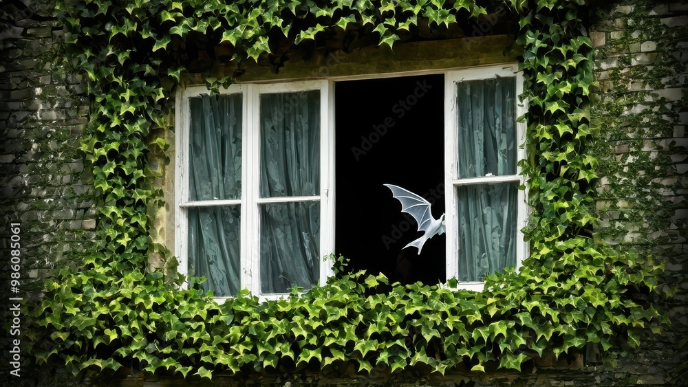 The ivy-clad window opens to a shadowy world, where bats fly around a haunted castle under the eerie glow of a full moon, setting the stage for a spooky tale The ivy-clad window opens to a shadowy world, where bats fly around a haunted castle under the eerie glow of a full moon, setting the stage for a spooky tale