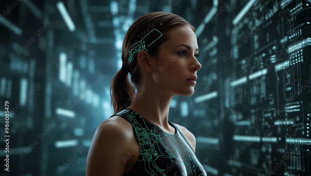 Woman represented as a PCB circuit board in a futuristic setting. Woman represented as a PCB circuit board in a futuristic setting.