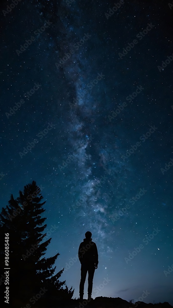 Fototapeta premium A starry night sky with a silhouette of a person gazin