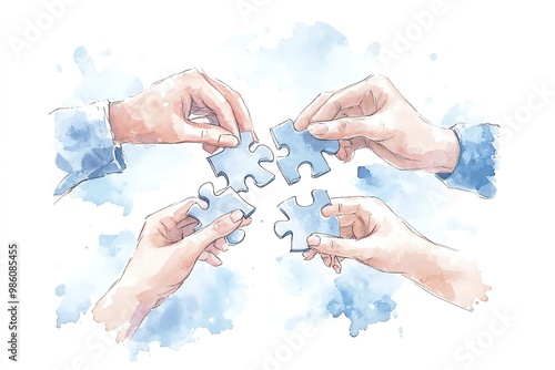 Hands assembling puzzle pieces together on a white background.