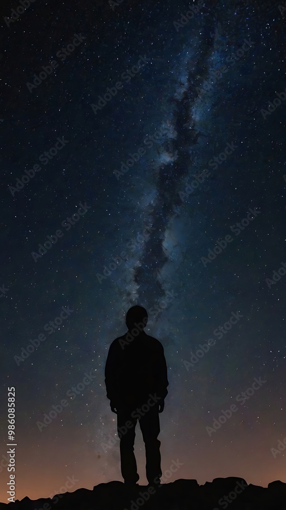 A starry night sky with a silhouette of a person gazin
