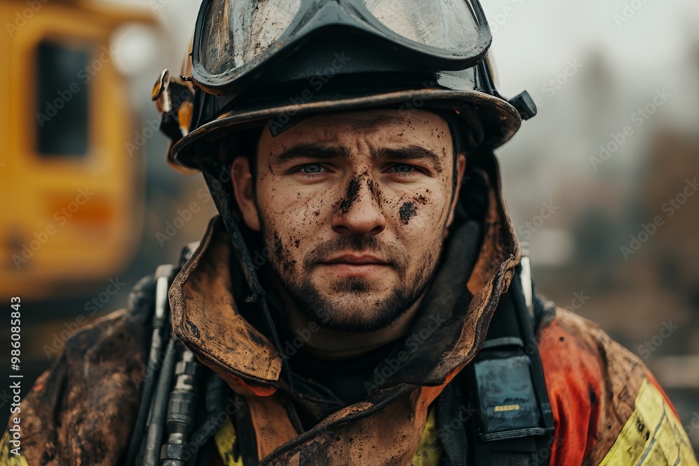 Brave Firefighter in Uniform Standing Proud and Weary, AI generated illustration Brave Firefighter in Uniform Standing Proud and Weary, AI generated illustration