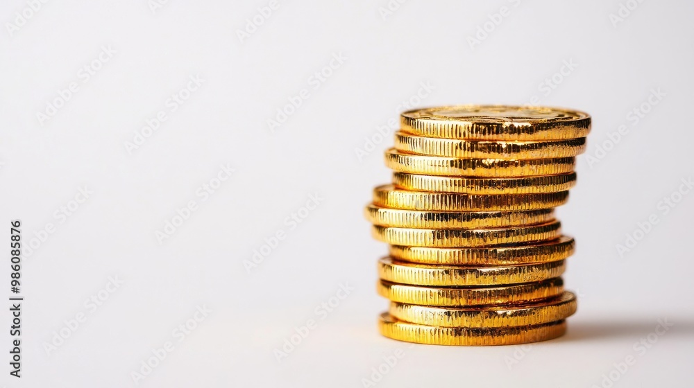 Stack of shiny gold coins on a white isolated background. Stack of shiny gold coins on a white isolated background.