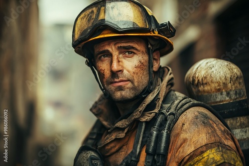 Brave Firefighter in Uniform Standing Proud and Weary, AI generated illustration