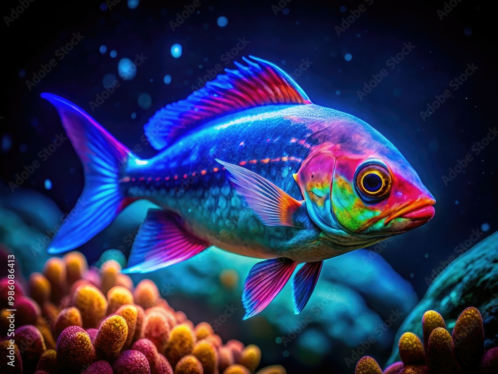 Bioluminescent deep sea fish light up the dark ocean depths, creating a mesmerizing underwater scene filled with vibrant colors and otherworldly beauty. Bioluminescent deep sea fish light up the dark ocean depths, creating a mesmerizing underwater scene filled with vibrant colors and otherworldly beauty.