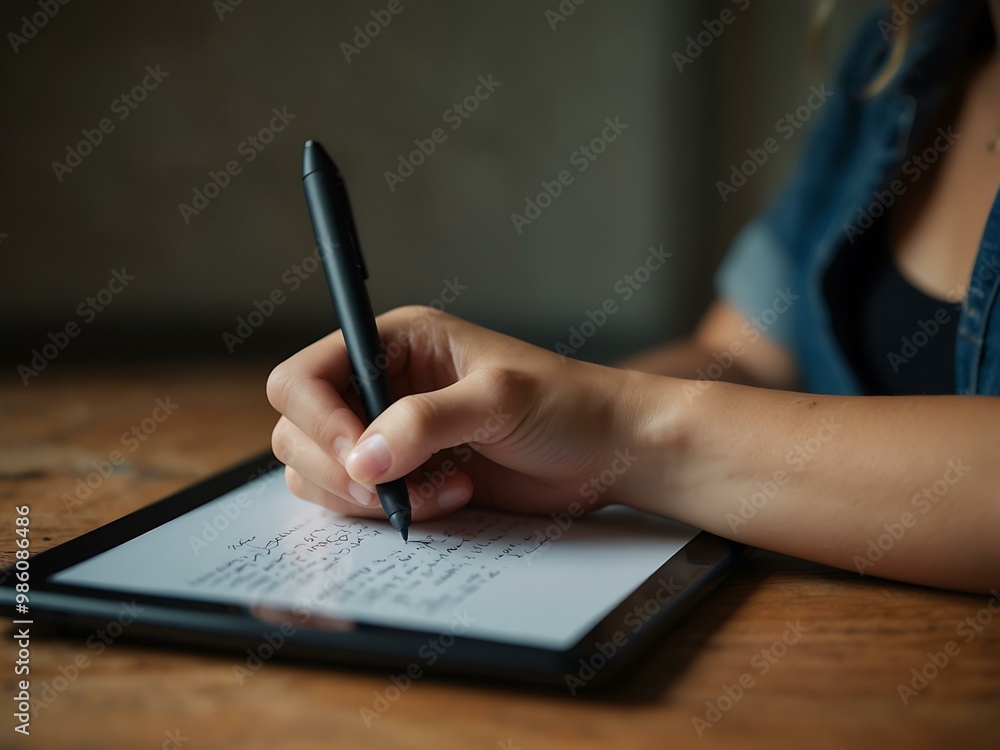 Woman writing on a digital tablet with a stylus. Woman writing on a digital tablet with a stylus.