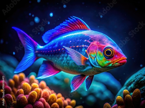 Bioluminescent deep sea fish light up the dark ocean depths, creating a mesmerizing underwater scene filled with vibrant colors and otherworldly beauty.