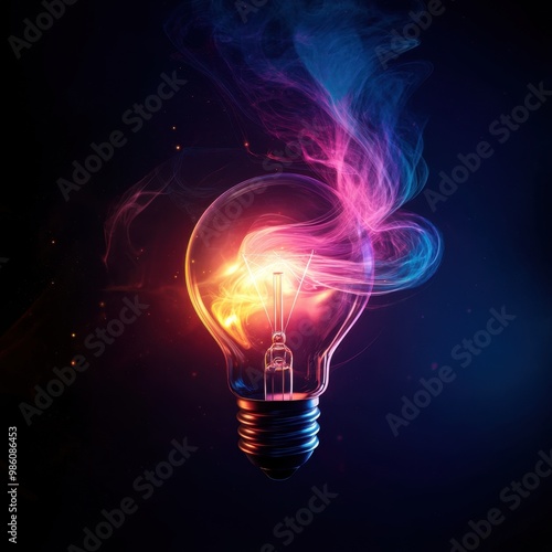 Glowing light bulb with vibrant colorful smoke, representing innovation and creative ideas on a dark background.