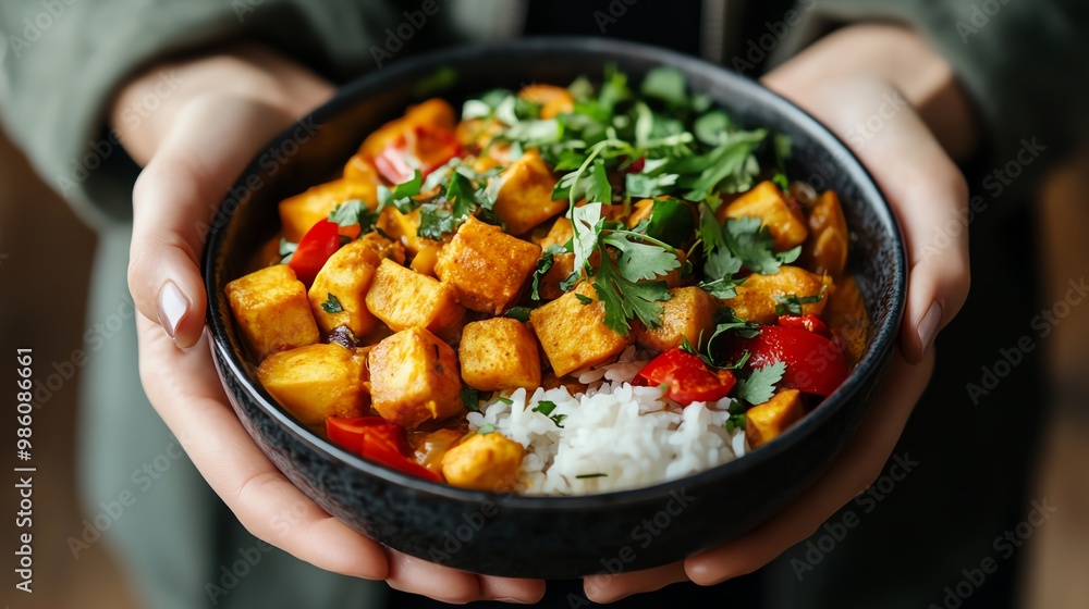 Close-up of hands holding a bowl of tofu curry with rice and cilantro. Close-up of hands holding a bowl of tofu curry with rice and cilantro.
