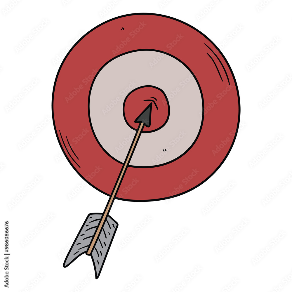 Hand drawn cartoon arrow in archery target on white background. Achieving a goal, success. Hand drawn cartoon arrow in archery target on white background. Achieving a goal, success.