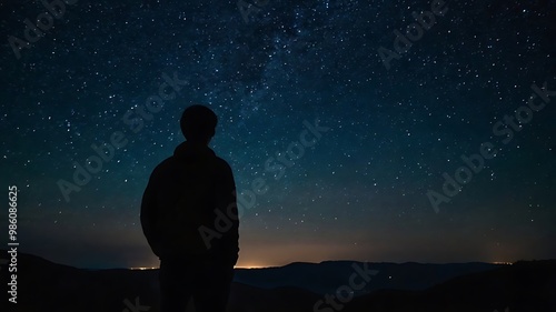A starry night sky with a silhouette of a person gazin