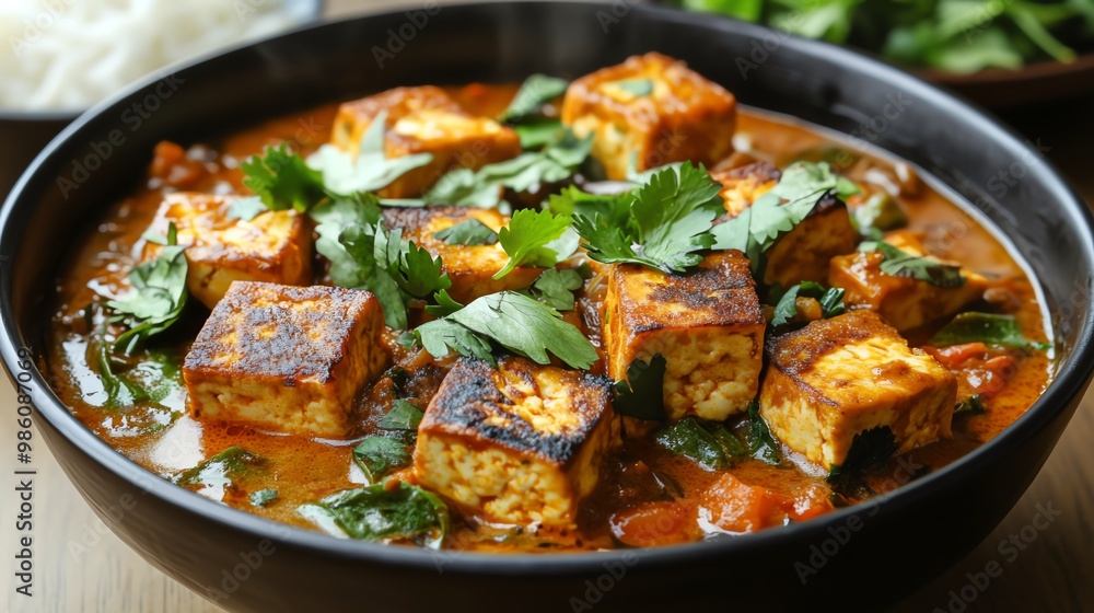 Delicious tofu curry with fresh cilantro, served in a black bowl. Delicious tofu curry with fresh cilantro, served in a black bowl.