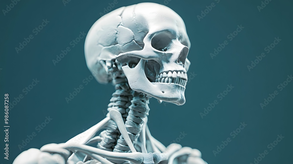 Close-up of a realistic human skeleton model showcasing detailed anatomy of the skull, spine, and rib cage against a blue backdrop. Close-up of a realistic human skeleton model showcasing detailed anatomy of the skull, spine, and rib cage against a blue backdrop.