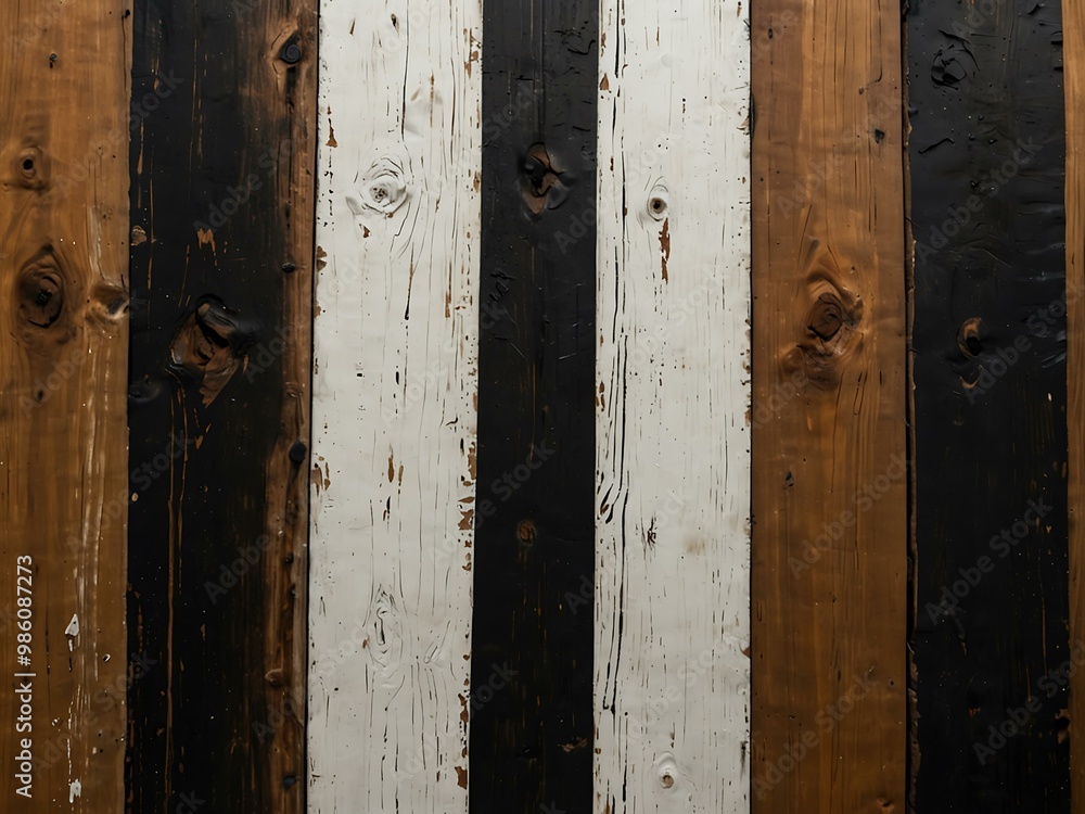 Wooden planks painted in white, black, and brown for a textured background. Wooden planks painted in white, black, and brown for a textured background.