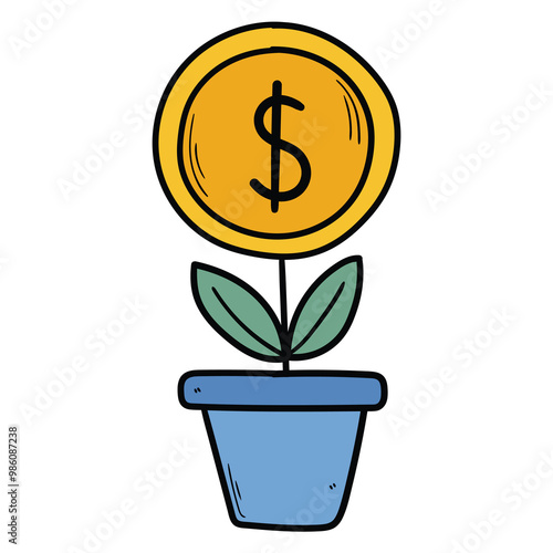 Hand drawn cartoon money flower in blue pot on white background.