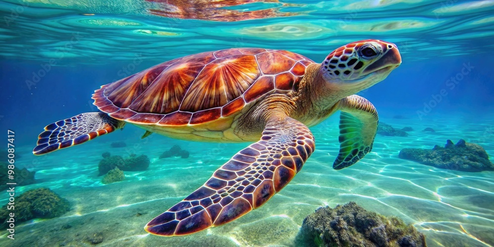 Obraz premium Bright colors and elaborate designs highlight the sea turtle's shell while moving effortlessly through the crystal-clear ocean.